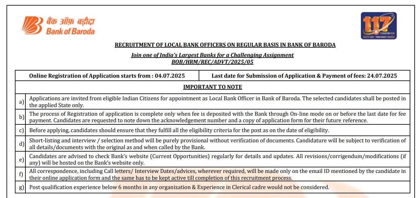 Bank of Baroda LBO Recruitment 2025