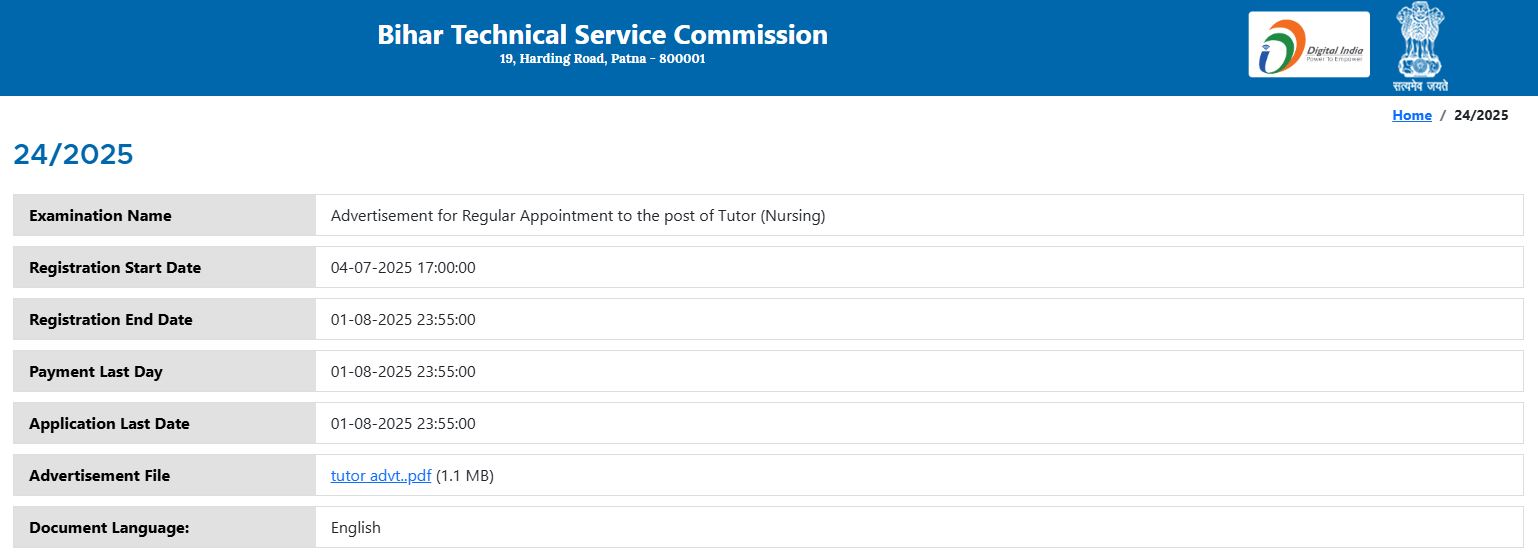 BTSC Nursing Tutor Recruitment 2025