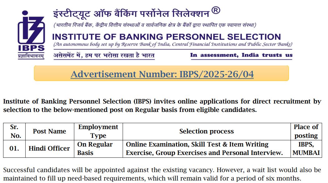 IBPS Hindi Officer Recruitment 2025