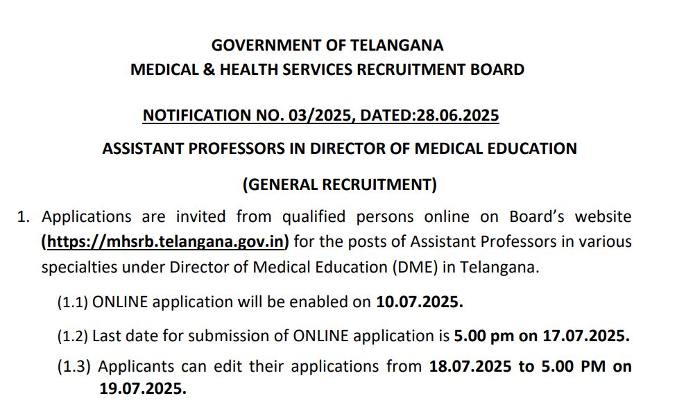 MHSRB Telangana Recruitment 2025