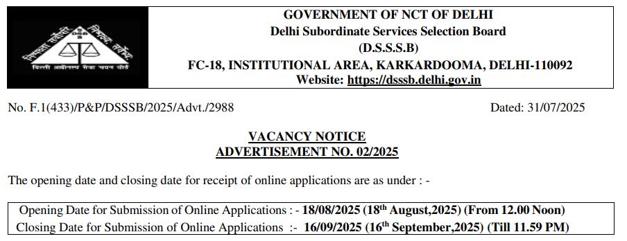 DSSSB Recruitment 2025