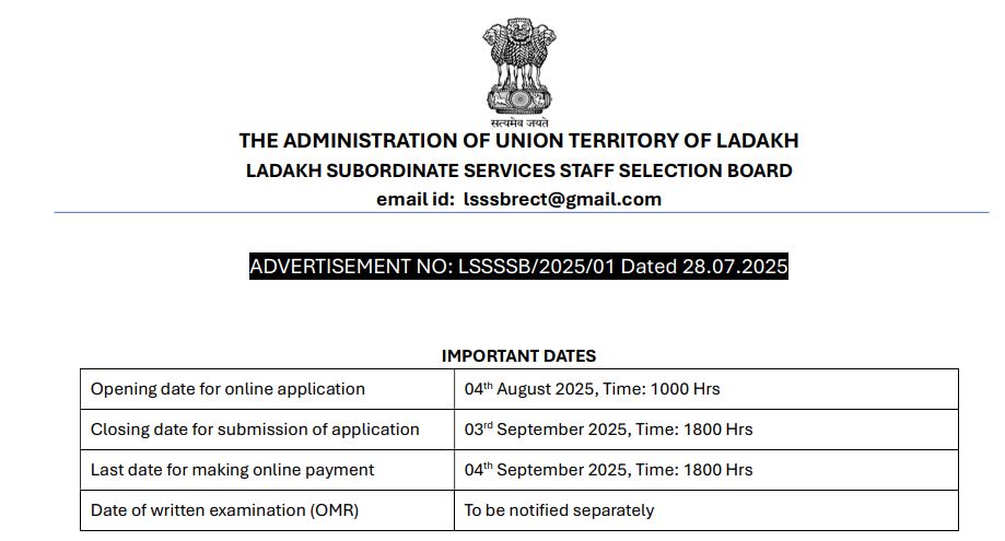 Ladakh Subordinate Services Staff Selection Board (LSSSSB) Recruitment 2025