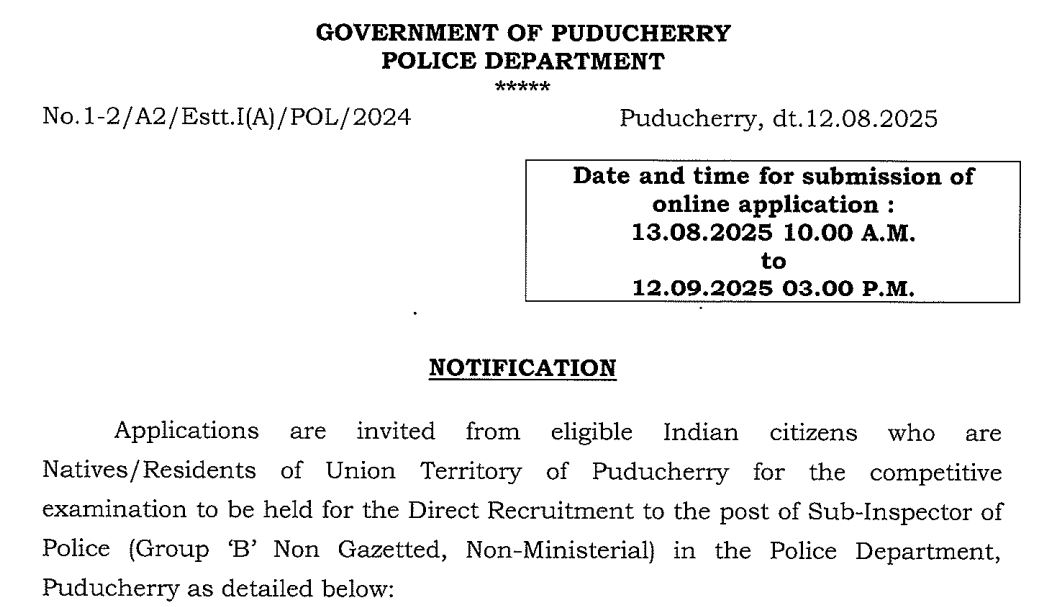Puducherry Police SI Recruitment 2025 - 70 Posts