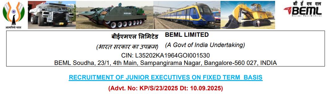 BEML Recruitment 2025: 119 Junior Executive
