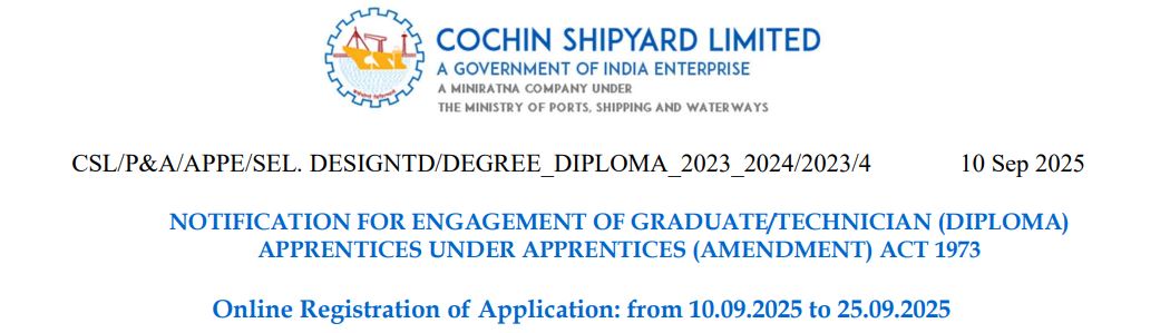 Cochin Shipyard Limited Recruitment 2025: Apply for 140 Apprenticeship Posts