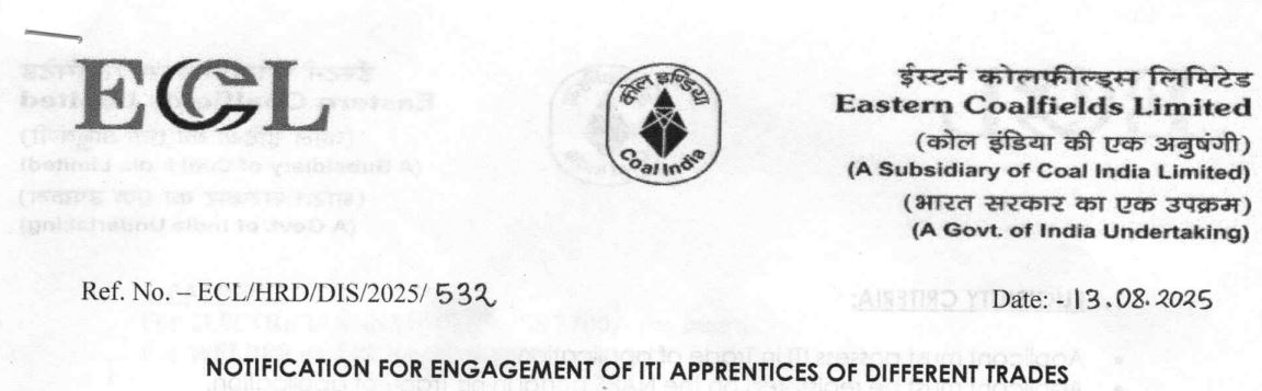 ECL Recruitment 2025: Apply for 280 ITI Apprenticeship Posts