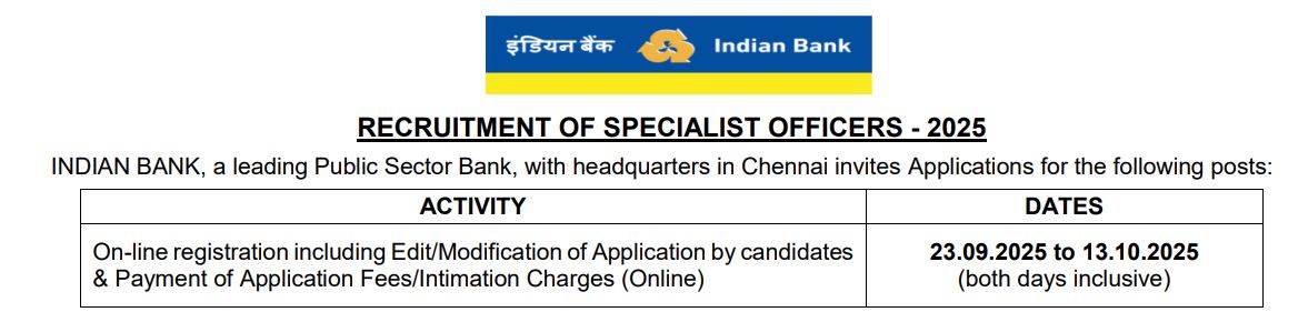 Indian Bank SO Recruitment 2025: 171 Specialist Officer Vacancies