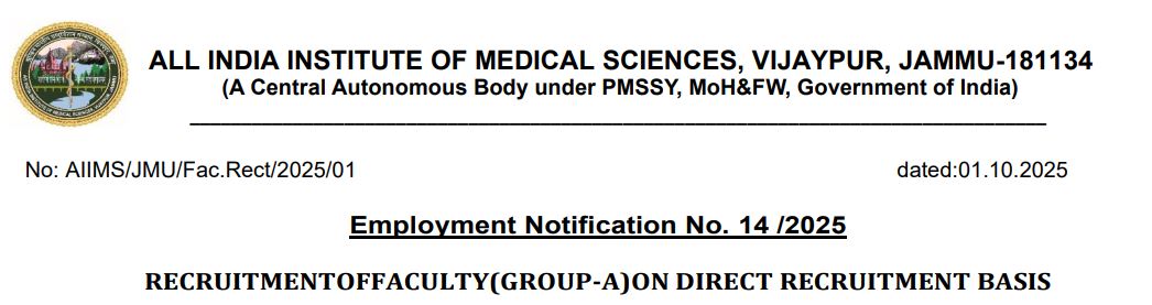 AIIMS Jammu Recruitment (Oct 2025): Apply Online for 80 Faculty Posts