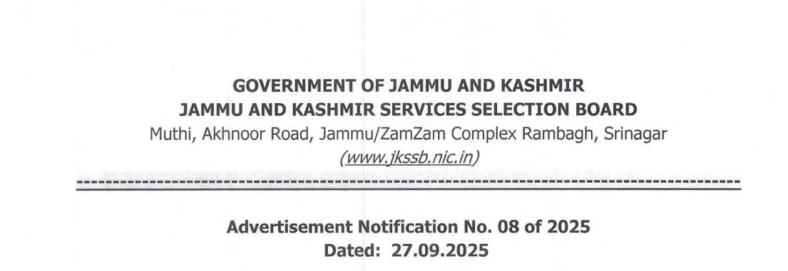 JKSSB Recruitment (Oct 2025): 361 Posts