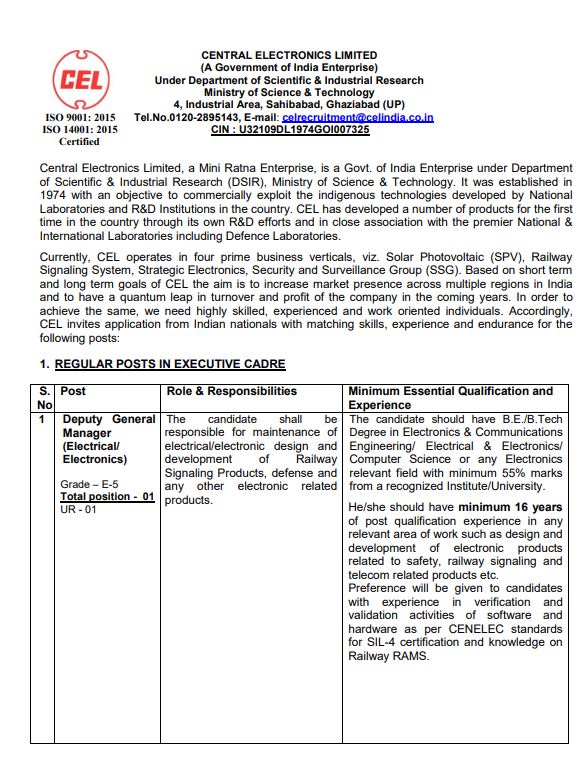 Central Electronics Limited (CEL) Recruitment 2026 - 34 Posts