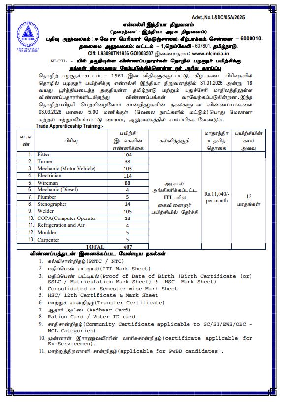 NLC India Trade Apprentice Recruitment 2026 - 607 Posts